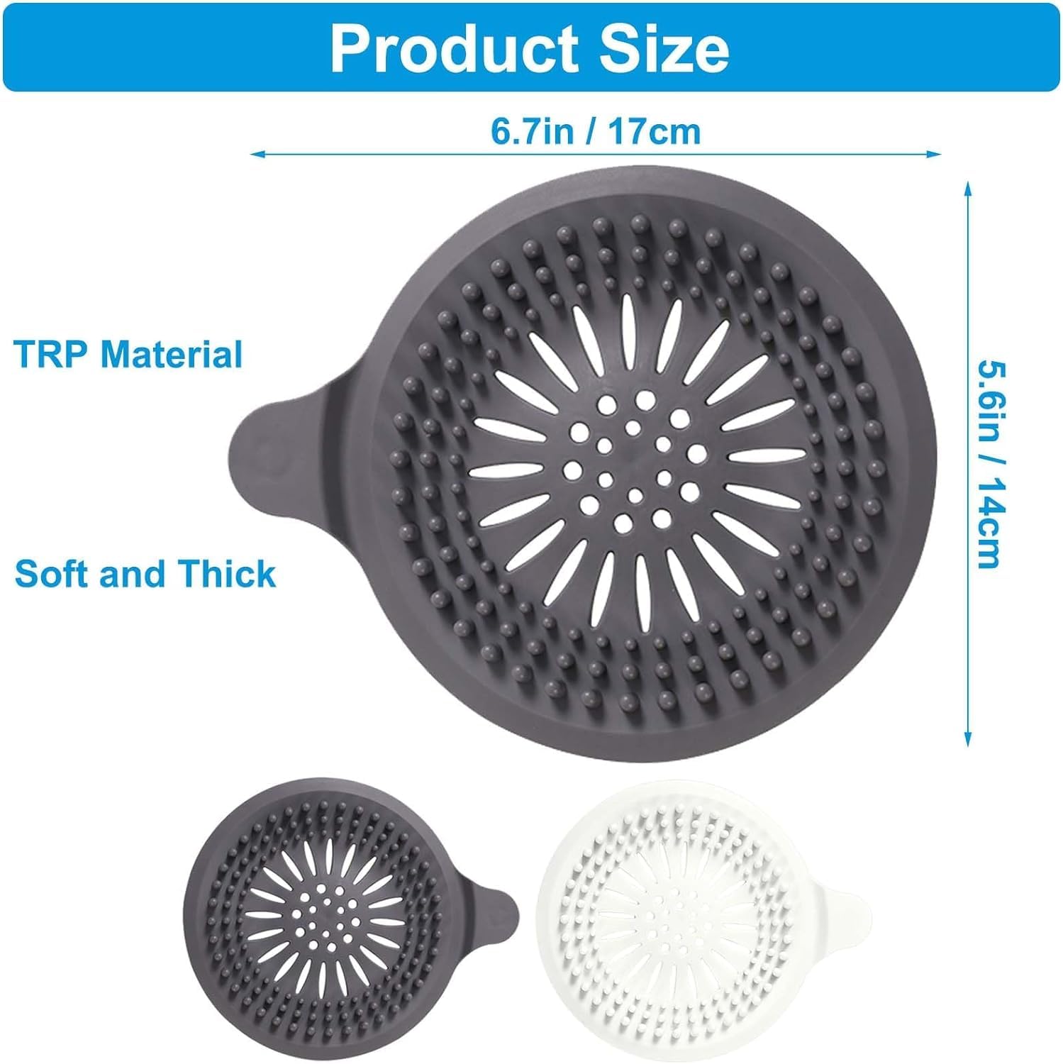 2 Pcs Silicone Shower Drain Hair Catcher with Sucker, Sink Strainer Hair Catcher, Shower Drain Cover, Shower Hair Stopper Drain Protector for Bathroom Bathtub Kitchen White + Grey