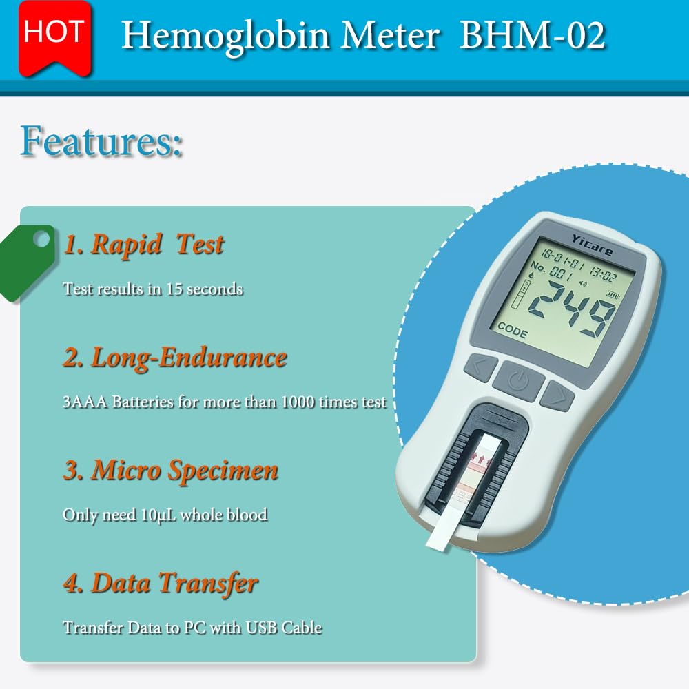 Healthcaretuye Hb Hemoglobin Meter Hemoglobin Test Meter Hemoglobin Analyzer + 125Strips, Blue