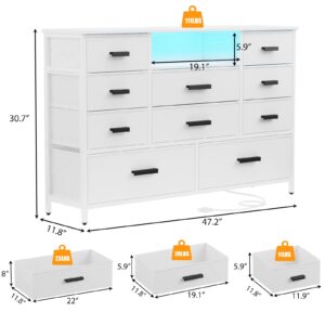 Harpaq White Dresser for Bedroom with 10 Drawers, Dresser with Charging Station, TV Stand Dresser with LED Light for 55" TV, Fabric Drawer Dresser with PU Finish, Chest Dresser for Bedroom, Closet