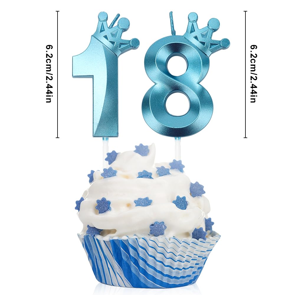 18th Birthday Candles, 18 Candles for 18th Birthday, Blue Number Candles 18th Happy Birthday Decorations,3D Crown Number 18 Candle for Cake, 18th Cake Topper Wedding Anniversary Celebration Parties