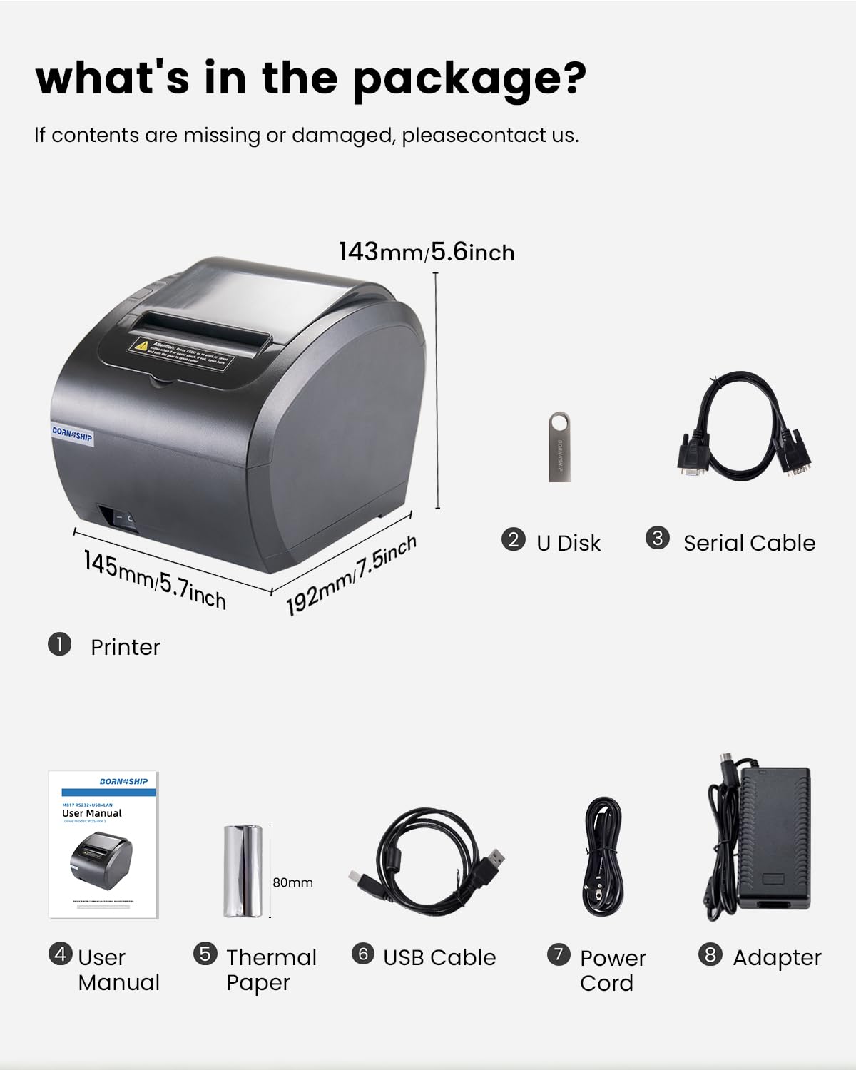 BORN4SHIP 80mm Receipt Printer - Thermal Receipt Printer Easy to Connect, Compatible with Windows/Mac/Linux, Supports USB Serial Ethernet Interface, 260mm/s Low Noise Printing, for ESC/POS (No Square)