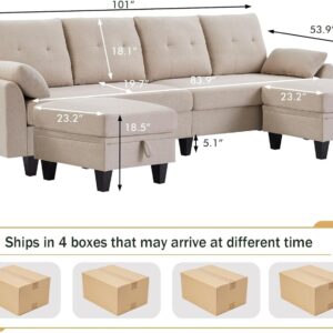 Tornama 111" Sectional Couches for Living Room, Modern Polyester Fiber U-Shaped Sofa Couch with Double Chaise, 4 Seat Sofa Set for Apartment, Beige