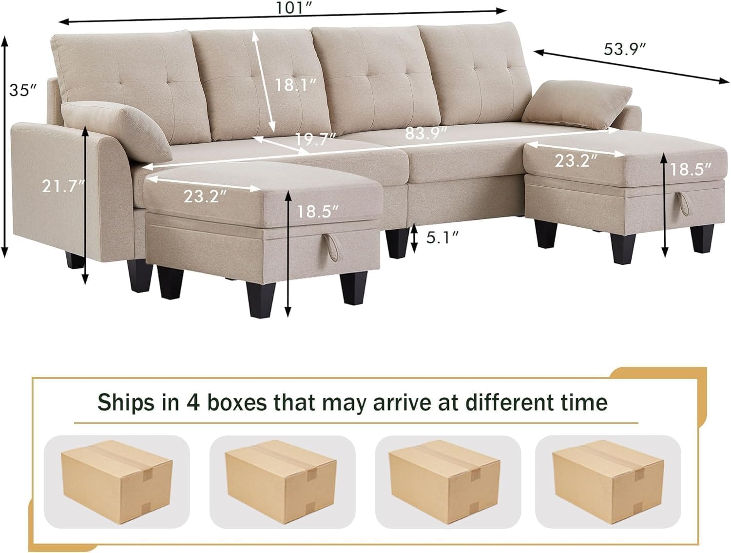 Tornama 111" Sectional Couches for Living Room, Modern Polyester Fiber U-Shaped Sofa Couch with Double Chaise, 4 Seat Sofa Set for Apartment, Beige