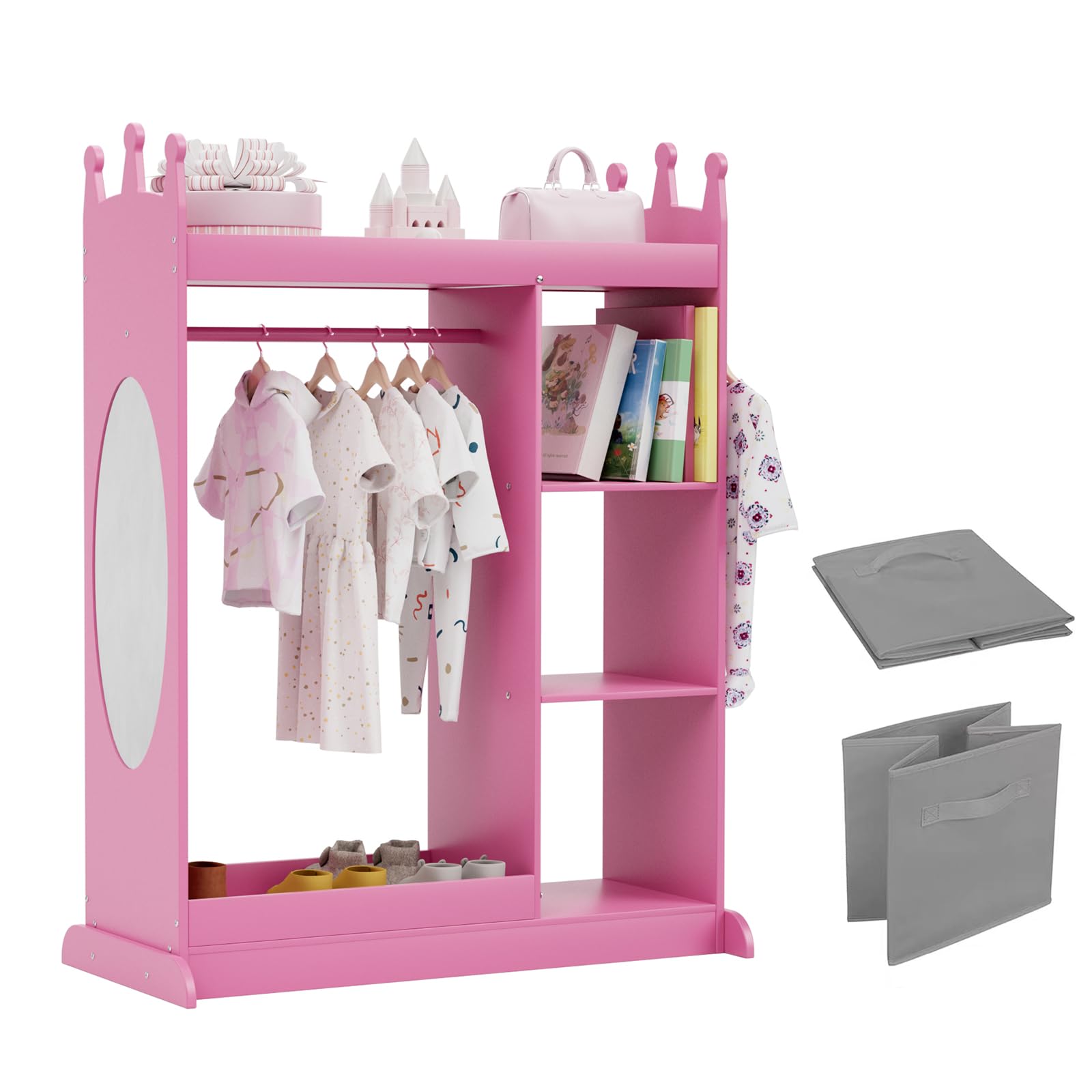 Glaf Kids Dress Up Storage with Mirror, Kids Armoire Wardrobe with 2 Storage Bin and 3 Hooks, Open Hanging Kids Closet for Girls Boys for Dress Up and Costumes (Pink)