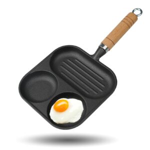 justup nonstick frying pan,3-in-1 cast iron egg pan divided grill pan,3-section versatile breakfast skillet,cooking pan for egg,steak and burgers (black)