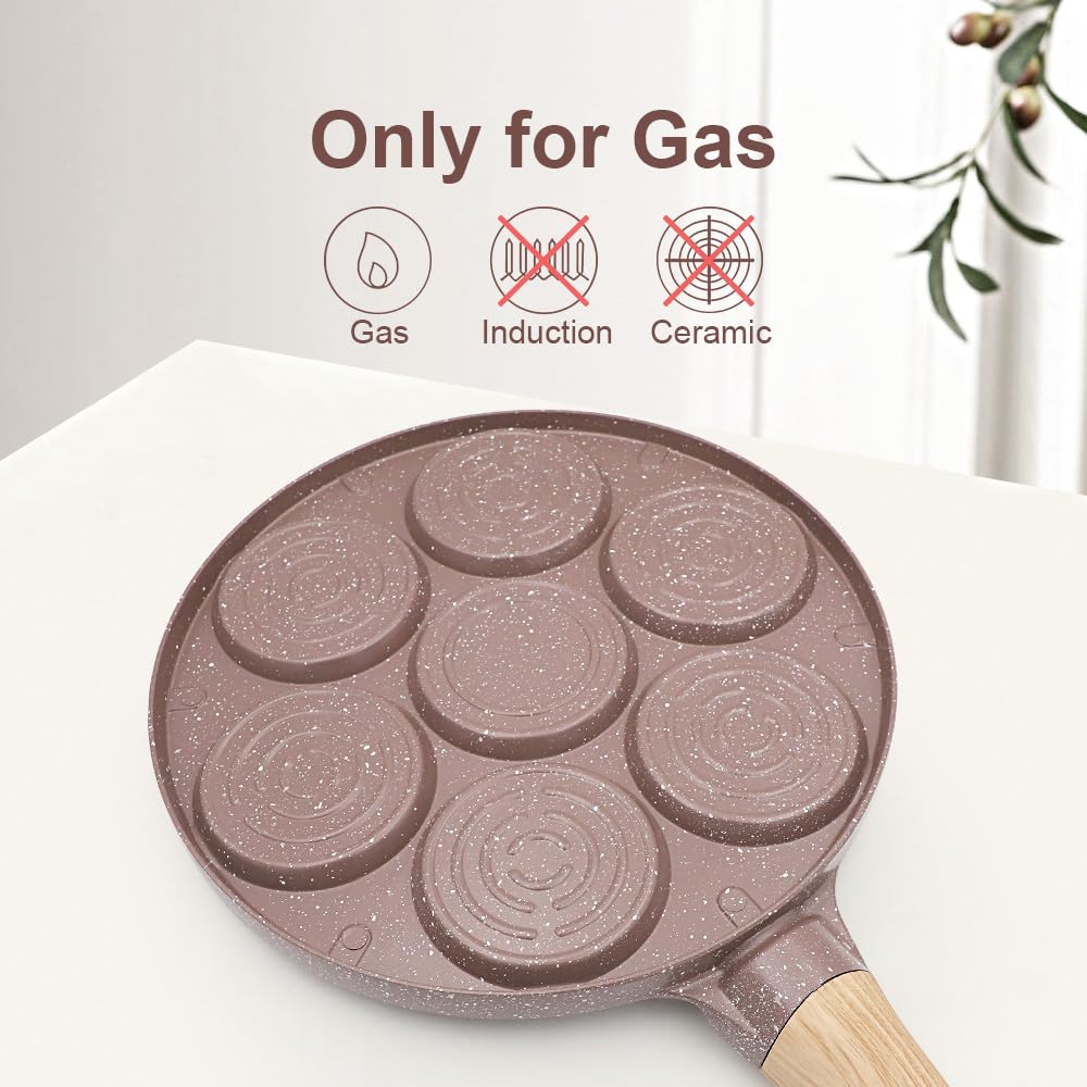 RANXINGST Ceramic Pancake Pan for Kids, Nonstick Pancake Griddle with Detachable Handle, 7 Hole Smiley Face Pancake Mold Mini Pancake Maker - Brown