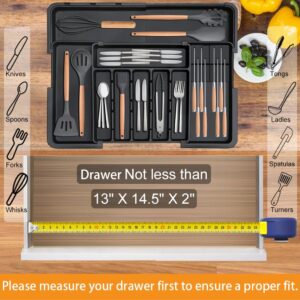 Homecor Silverware Organizer - Expandable Large Kitchen Drawer Organizer Utensil Organizer with 2 Removable Knife Blocks, 22"x 19"Cutlery Tray Drawer Dividers for Kitchen Flatware(6-9 Slots) (Black)