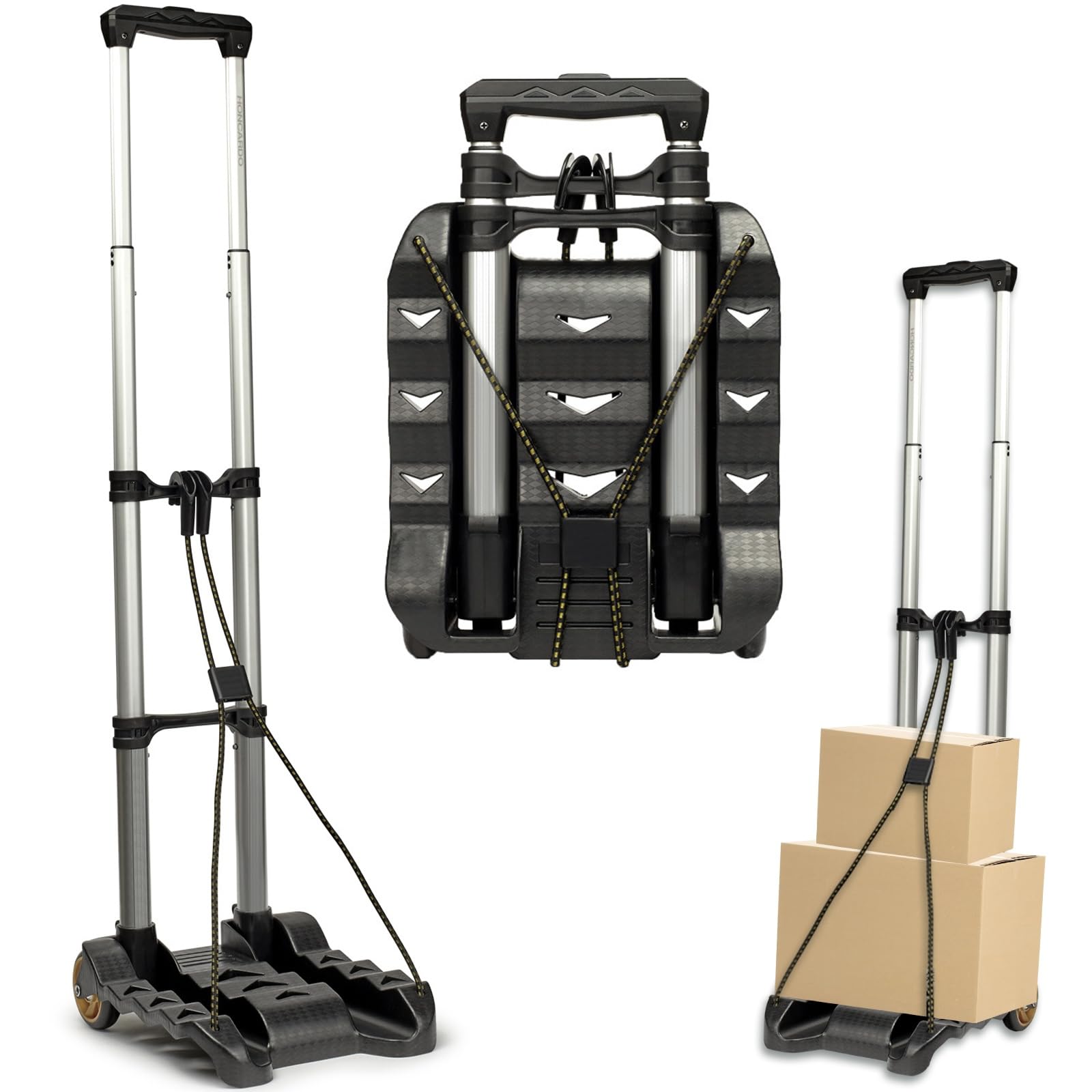 Folding Luggage Cart, Hand Truck 2 Wheels with Elastic Ropes, Solid Aluminum Utility Dolly Platform Cart, Compact and Portable Trolley for Moving Luggage, Backpack, Travel Moving and Office Use