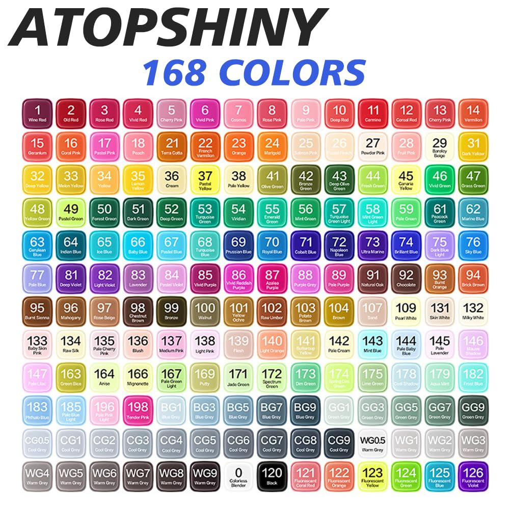 ATOPSHINY Alcohol Markers 168 Colors Drawing Pens Set Dual Tip Permanent Art Markers for Kids and Adult Gifts-168 Black Shell Refillable