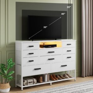 Harpaq White Dresser for Bedroom with 10 Drawers, Dresser with Charging Station, TV Stand Dresser with LED Light for 55" TV, Fabric Drawer Dresser with PU Finish, Dresser with Shelves for Closet