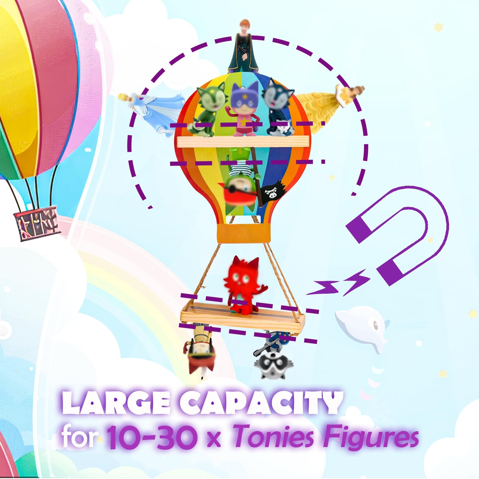 for Toniebox Tonies Shelf, Storage for Creative Tonies Magnetic Wall Shelf for Tonie Figures,8-15 Characters,Wooden Hanging Shelf for Kids (Hot air Balloon + Box Rack)