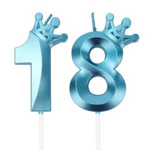 18th birthday candles, 18 candles for 18th birthday, blue number candles 18th happy birthday decorations,3d crown number 18 candle for cake, 18th cake topper wedding anniversary celebration parties