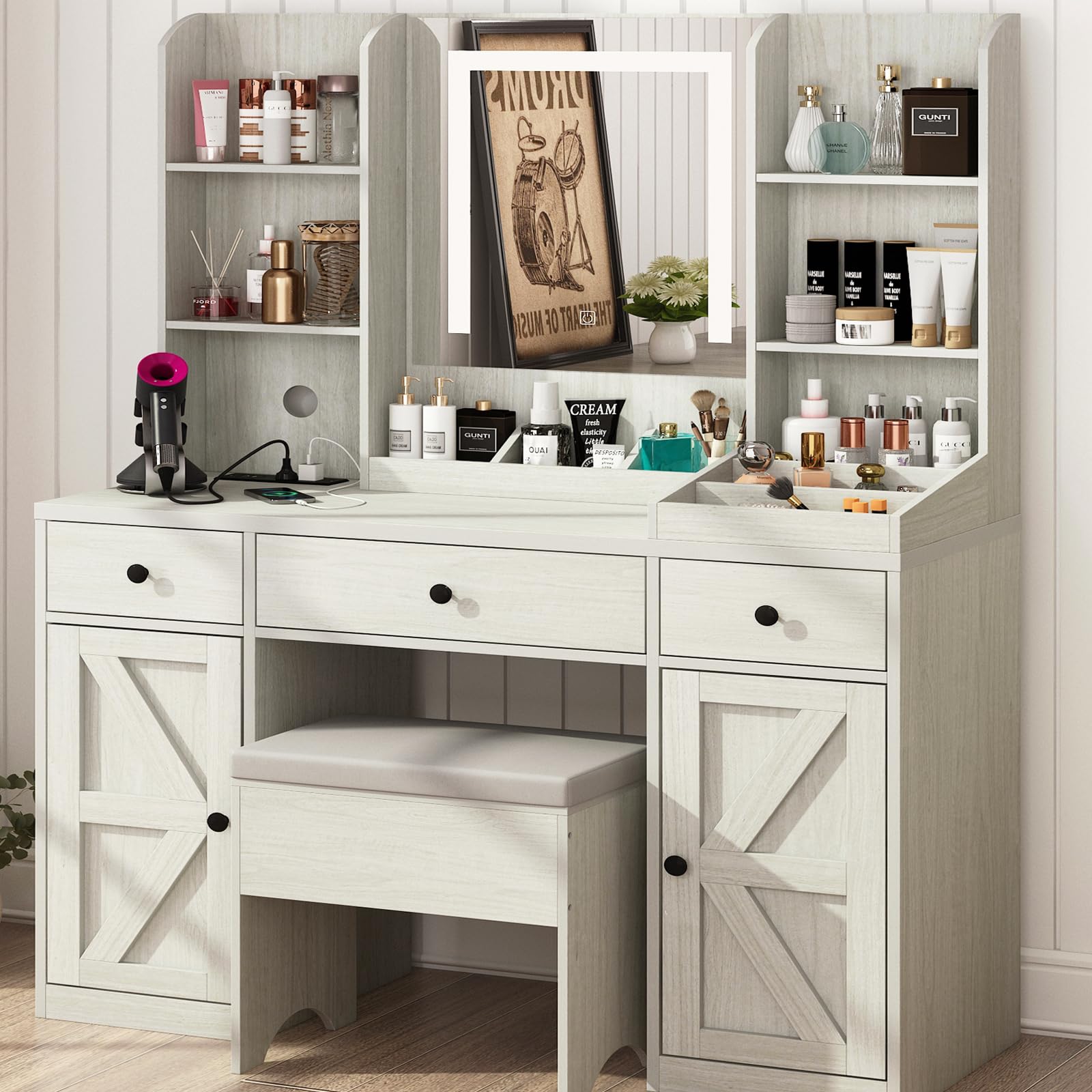 jiteentarou Farmhouse Vanity Desk w/Outlet & Stool, 11 Storage Shelves 3 Drawers 2 Big Cabinets, 43" White Vanity Table Make up Desk w/Mirror and Lights, Rustic LED Vanity Set for Women, Girls