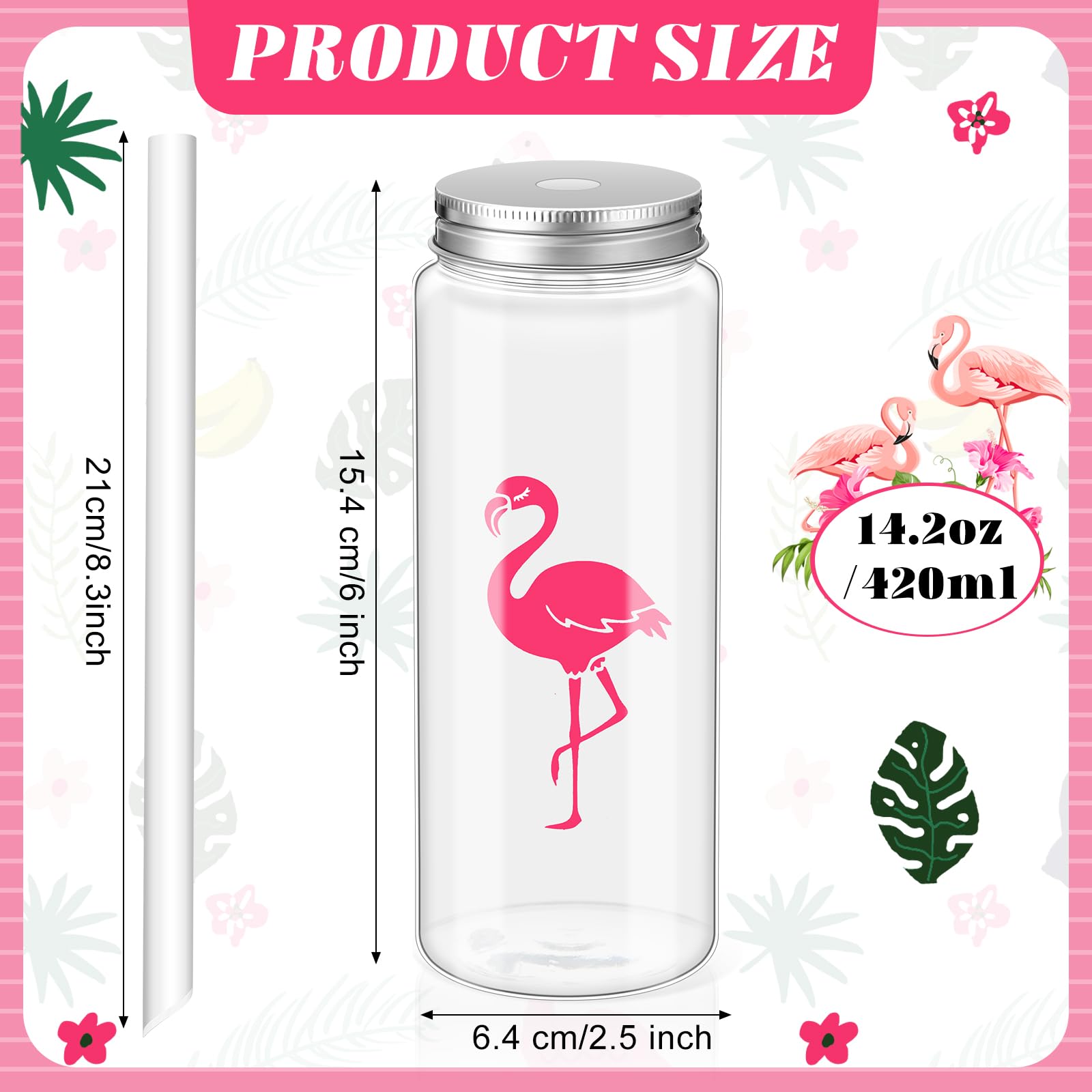 SiliFine 24 Pack Cups 14.2 oz Plastic Tumbler with Lid and Straw Clear Reusable Cups with Lids and Straws Cups for Birthday Party Supplies(Flamingo)