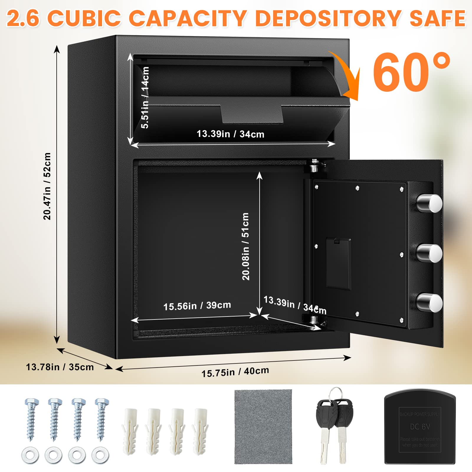 2.6 Cubic Fireproof Drop Safe for Business, Anti-Theft Cash Drop Safe Box with Drop Slot, Security Business Safe with Programmable Keypad Lock and Keys, Money Drop Safe for Home Office Retail Store