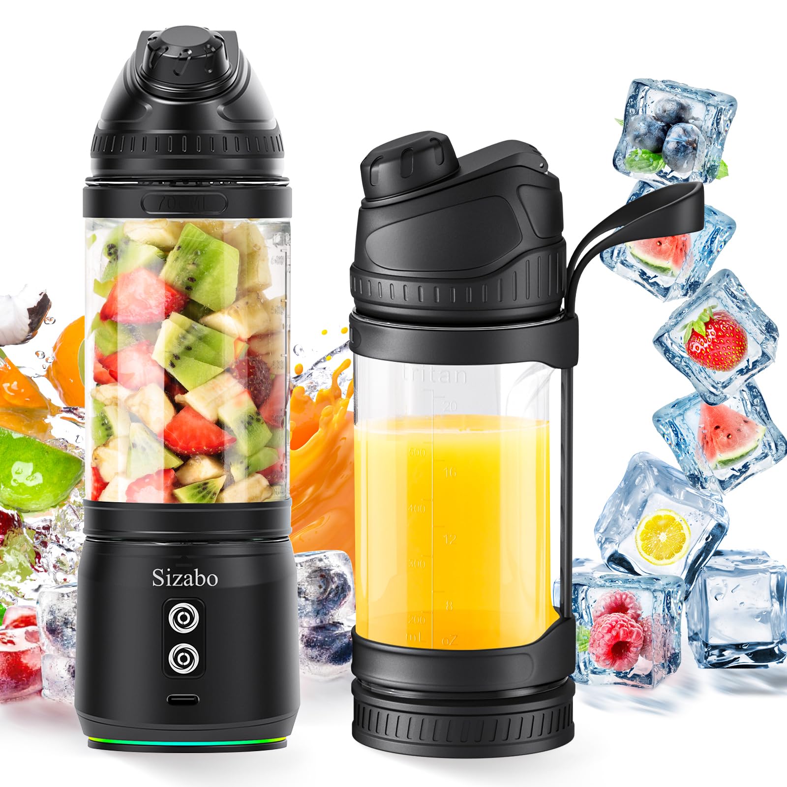 Portable Blender for Shakes and Smoothies,Sizabo Personal Size High Speed Blender,24 oz USB C Rechargeable Blender,2000 mAh*3 Tritan Mini Fruit Juice Mixer for Travel/Picnic/Office/Gym/Sport(Black)