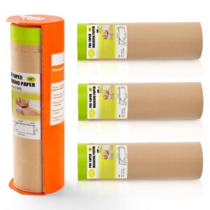 pre-taped masking paper with dispenser - 18" x 66' painters paper and tape attached for painting house, automotive paint masking paper roll for windows, cars, auto-body (1 dispenser 4 refills)