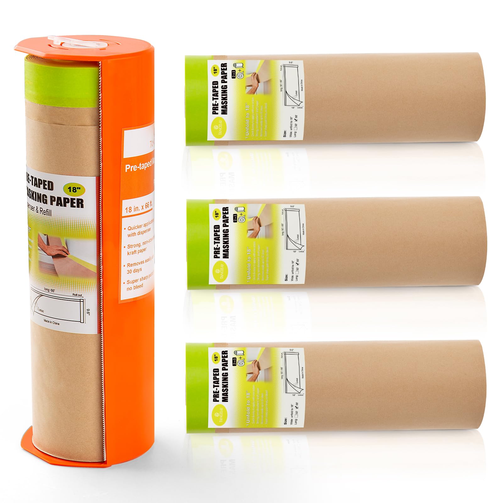 Pre-Taped Masking Paper with Dispenser - 18" x 66' Painters Paper and Tape Attached for Painting House, Automotive Paint Masking Paper Roll for Windows, Cars, Auto-Body (1 Dispenser 4 Refills)