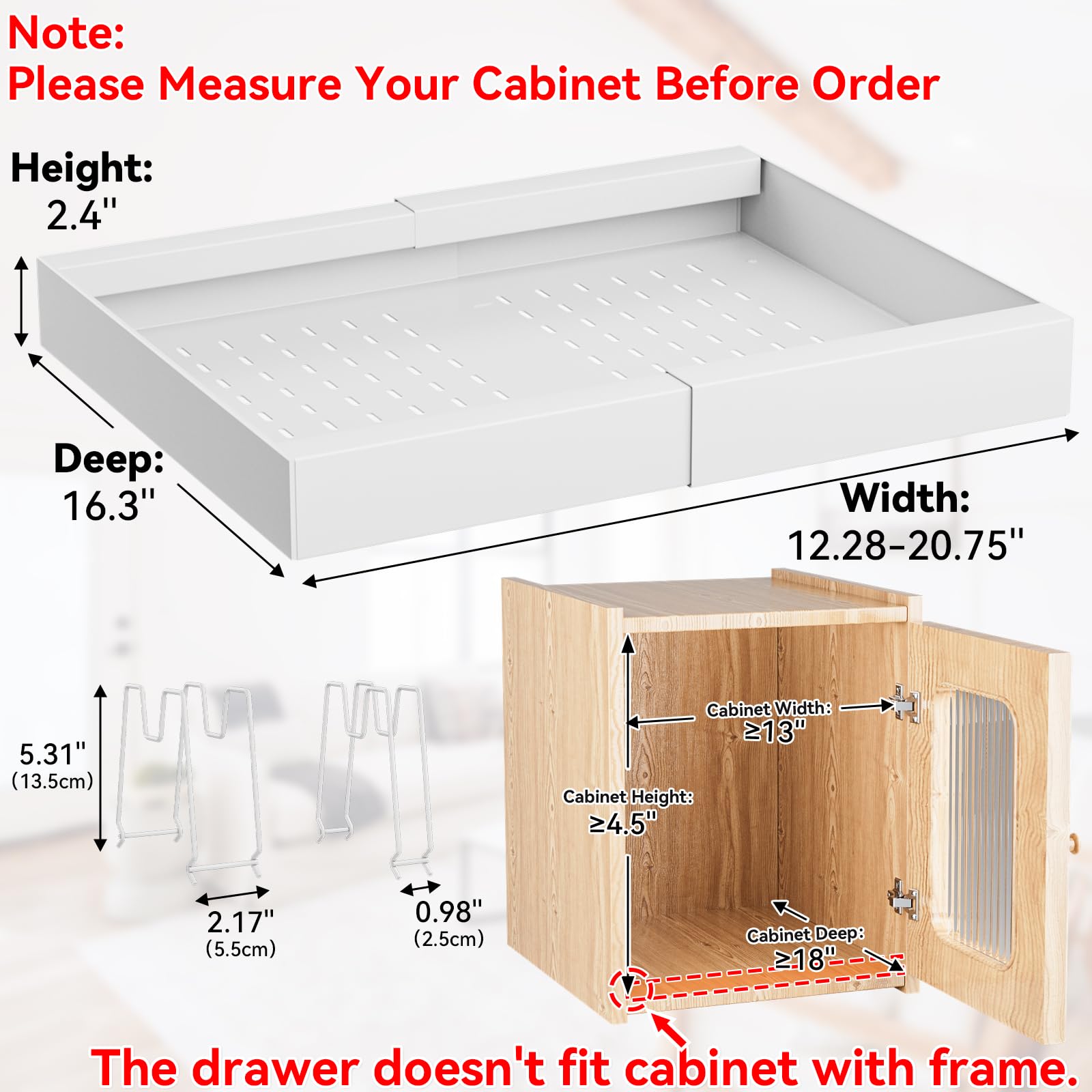 Expandable Pull Out Cabinet Organizer - Slide Out Cabinet Drawer Adhesive Kitchen Sliding Drawers with 4pcs Divider Racks for Pantry Bathroom Under Sink Home Storage, Width 12.2"-20.7"，White