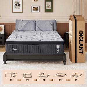 DIGLANT King Mattress, 14Inch Cooling Gel Memory Hybrid Medium Plush Mattress, King Size Individual Pocket Spring Mattress in Box, CertiPUR-US,10 Years Support