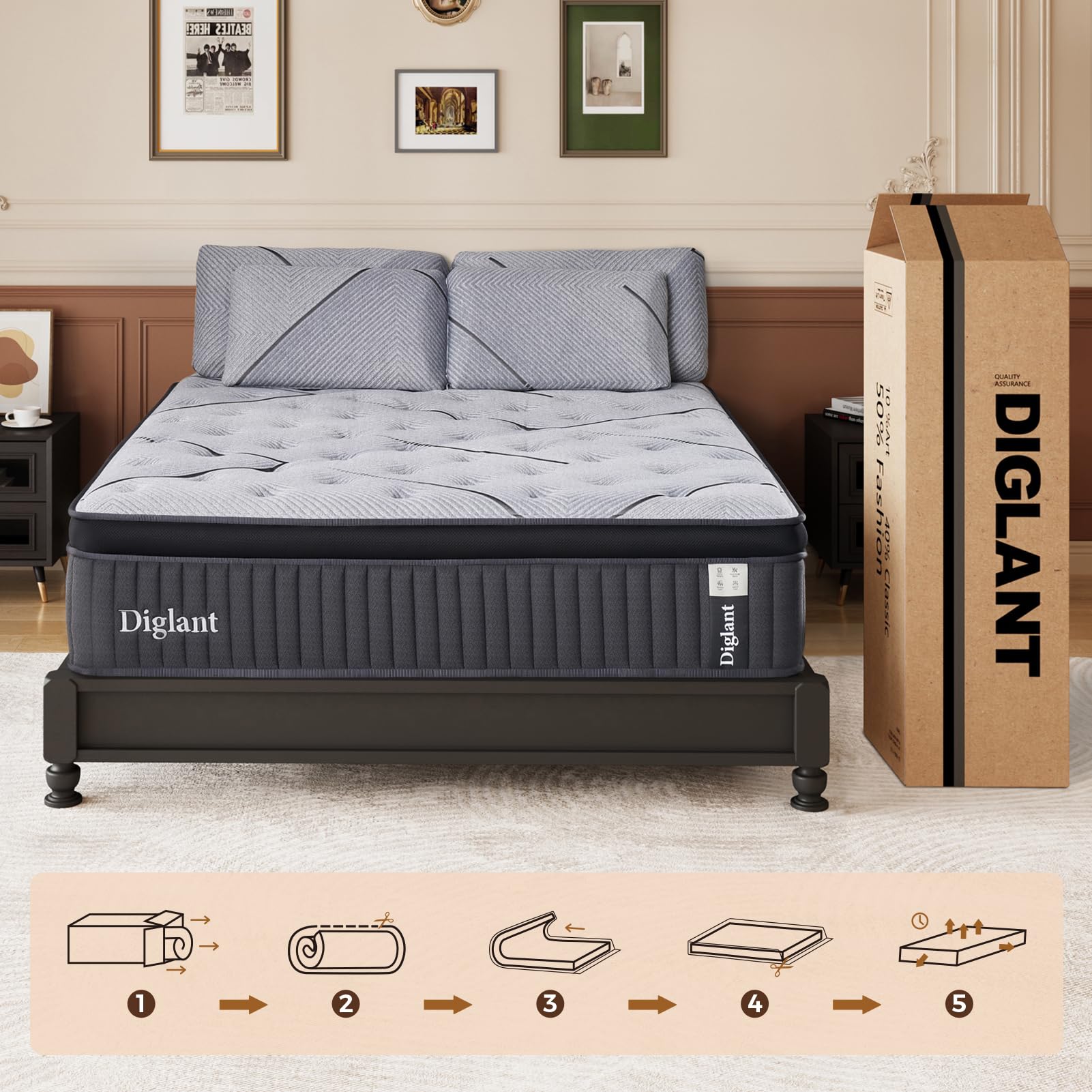 DIGLANT Calking Mattress, 14Inch Cooling Gel Memory Hybrid Medium Plush Mattress, Calking Size Individual Pocket Spring Mattress in Box, CertiPUR-US,10 Years Support