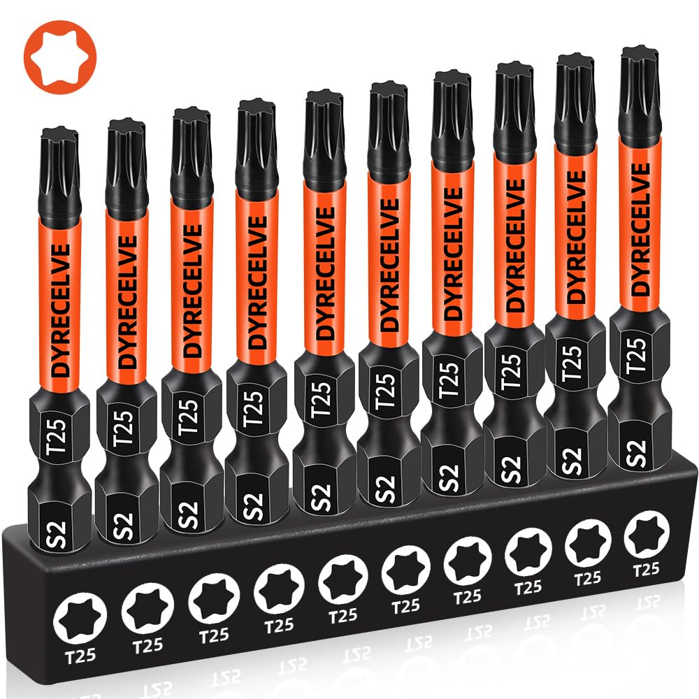 10-Pack T25 Torx Bits for Impact Driver- Torx Bit Set 2'' Long, Profession Star Bits Set, Magnetic T-25 Torx Bit, S2 Alloy Steel Torque Bits, T Bit Set 1/4'' Hex-Shank, Star Drill Bit Set, T25 Bit