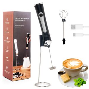 rechargeable milk frother handheld for coffee,3 speeds frother wand with stand, batidora de mano electrica,coffee frother with 2 heads,drink mixer electric handheld,kitchen essentials(black)