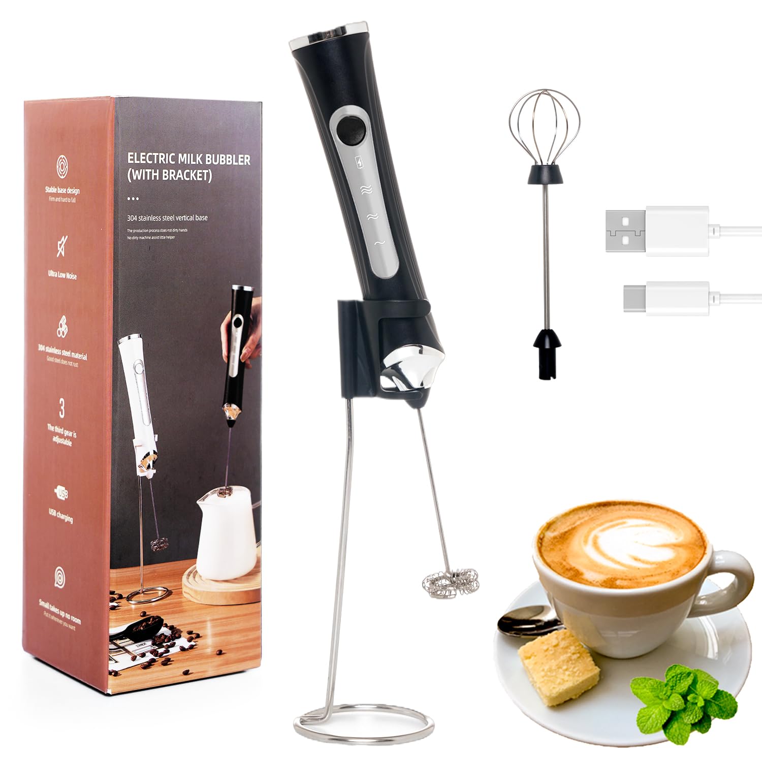 Rechargeable Milk Frother Handheld For Coffee,3 Speeds Frother Wand With Stand, Batidora De Mano Electrica,Coffee Frother With 2 Heads,Drink Mixer Electric Handheld,Kitchen Essentials(Black)