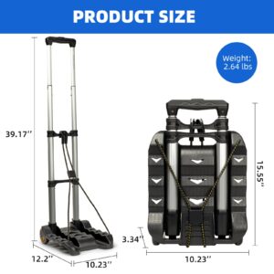 Folding Luggage Cart, Hand Truck 2 Wheels with Elastic Ropes, Solid Aluminum Utility Dolly Platform Cart, Compact and Portable Trolley for Moving Luggage, Backpack, Travel Moving and Office Use