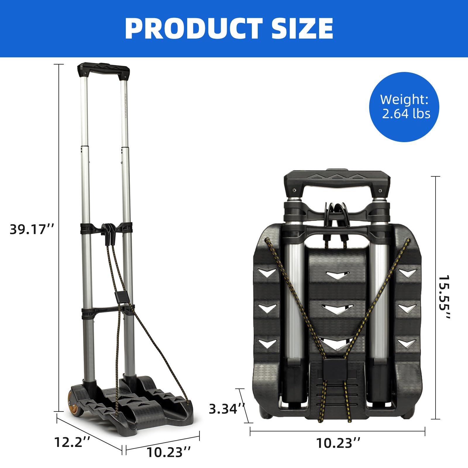 Folding Luggage Cart, Hand Truck 2 Wheels with Elastic Ropes, Solid Aluminum Utility Dolly Platform Cart, Compact and Portable Trolley for Moving Luggage, Backpack, Travel Moving and Office Use