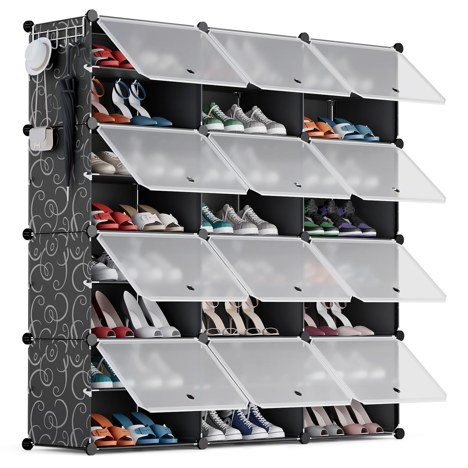 AINIYNM Shoe Rack Organizer 8 Tier Shoe Storage Cabinet 48 Pairs Covered Shoe Rack with Door Expandable Free Standing Stackable Space Shoe Rack with Versatile Hooks for Entryway Bedroom