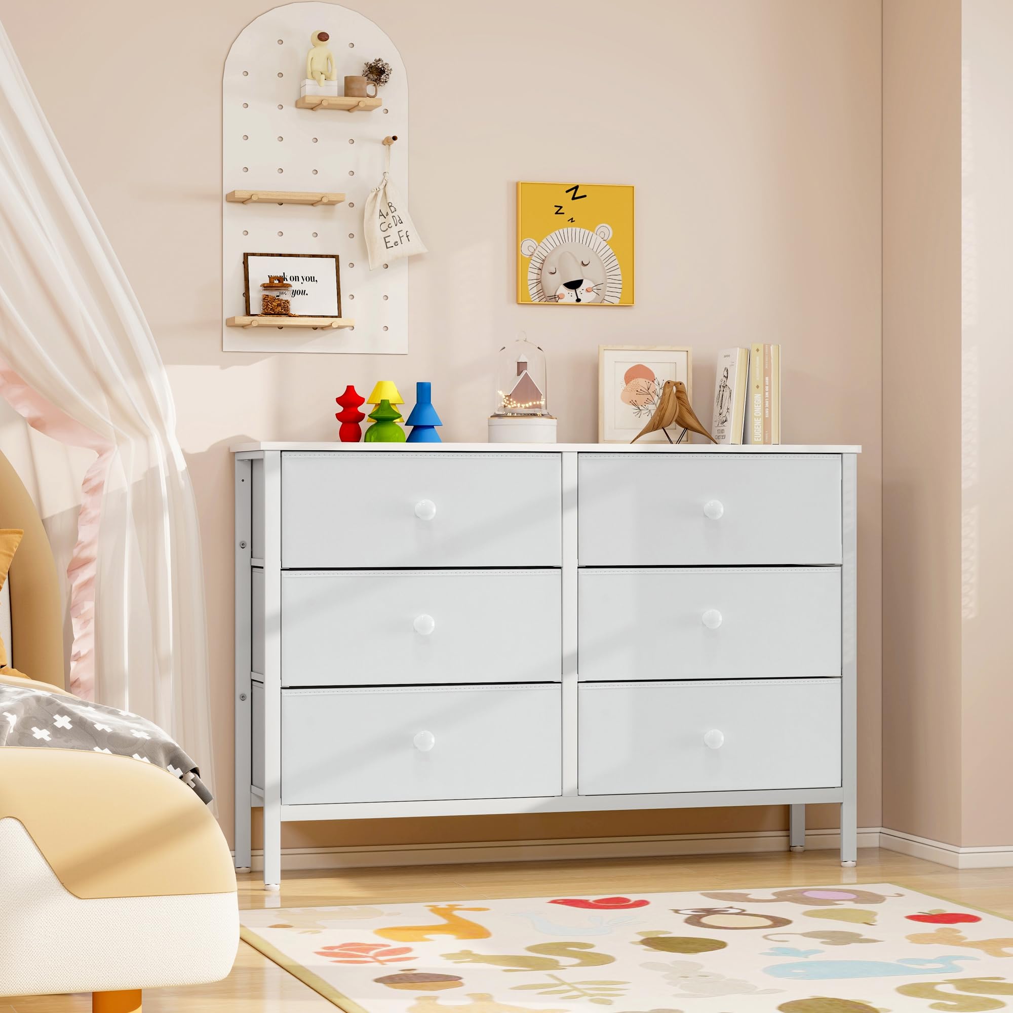 LYNCOHOME White Dresser for Bedroom, 6 Drawer Wooden Dresse, Small Dresser for Bedroom and 50" Tv, Entertainment Center with Metal Frame, Wooden Top,Dressers for Kids, Fabric Dressers for Nursery