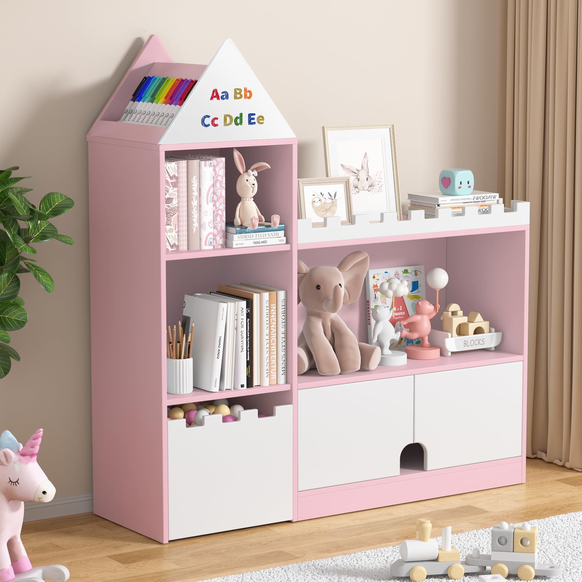 Decofy Toy Storage Organizer, Wood Kids Castle Bookshelf, 6 Cubby Children Bookcase, Montessori Book Shelf for Nursery, Playroom, Living Room [Size: 39.4" L* 11.8" W * 39.4" H] Pink