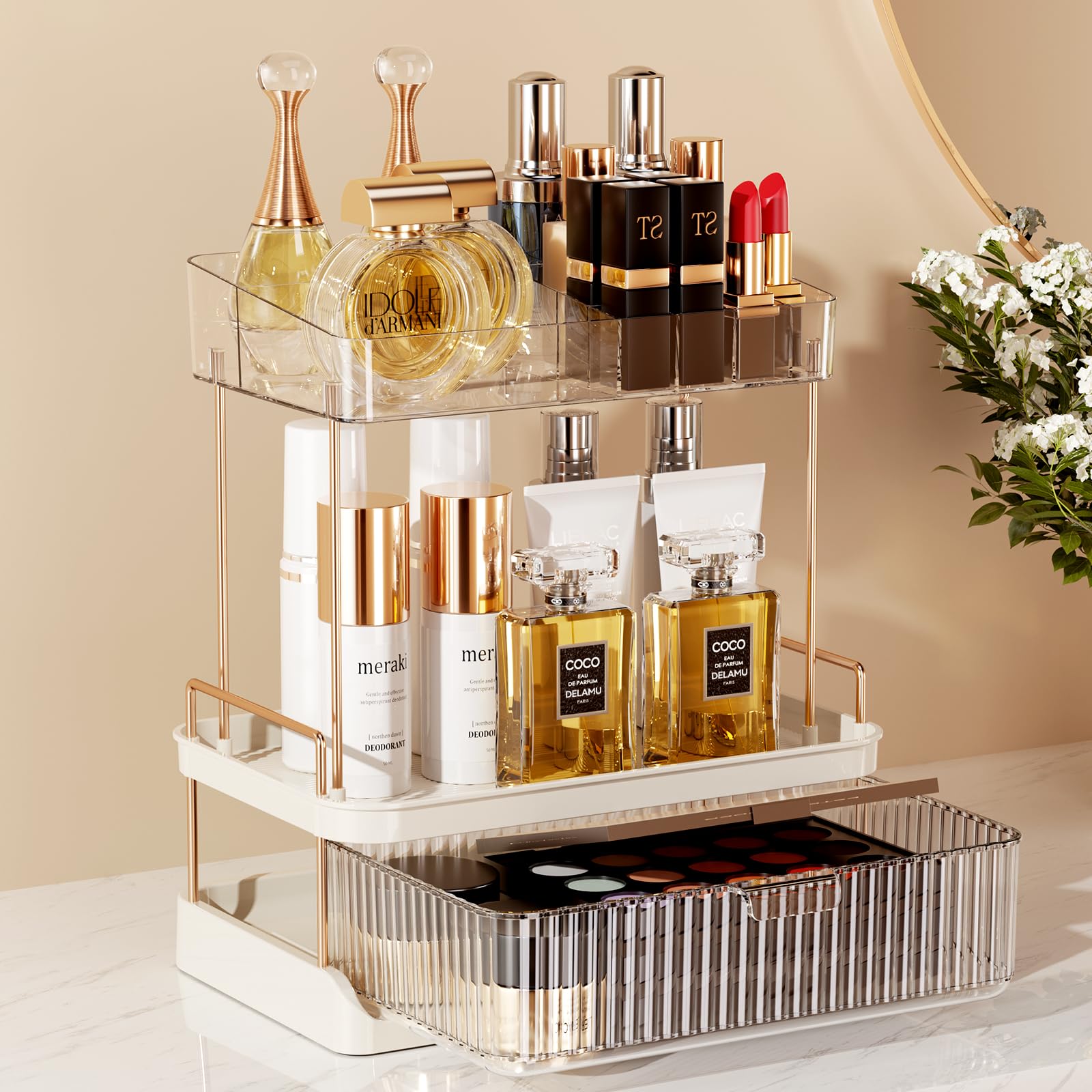 Delamu Bathroom Counter Organizer, 2 Tier Large Drawer Skincare Organizer with Compartment, Multi-purpose Makeup Organizer Countertop Exquisite, Clear