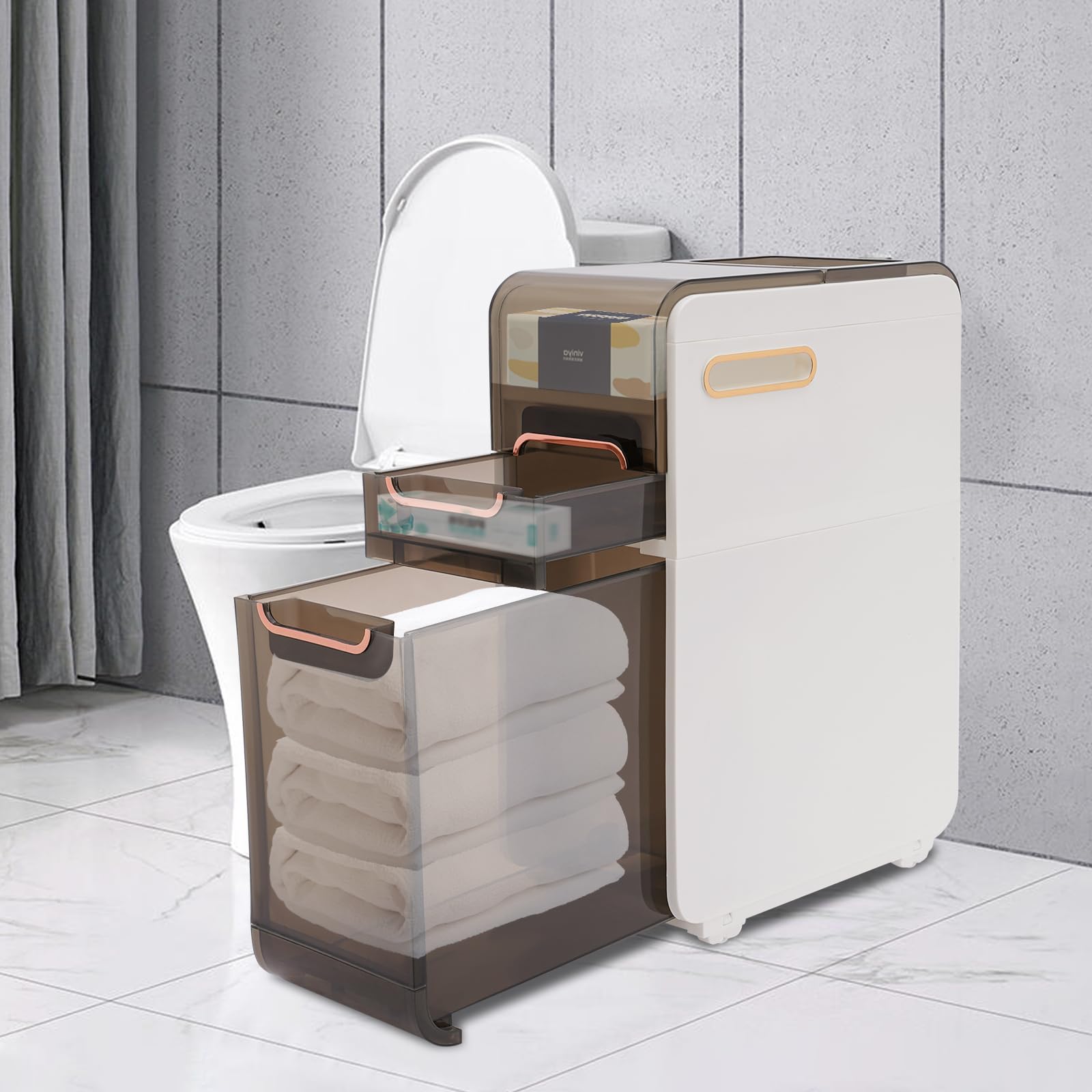 HuaShuani Narrow Bathroom Storage Cabinet, Plastic Bathroom Floor Cabinet, Toilet Side Cabinet Toilet Paper Holder with 3 Drawers, Translucent Panels Design (22 * 41.5 * 60CM)