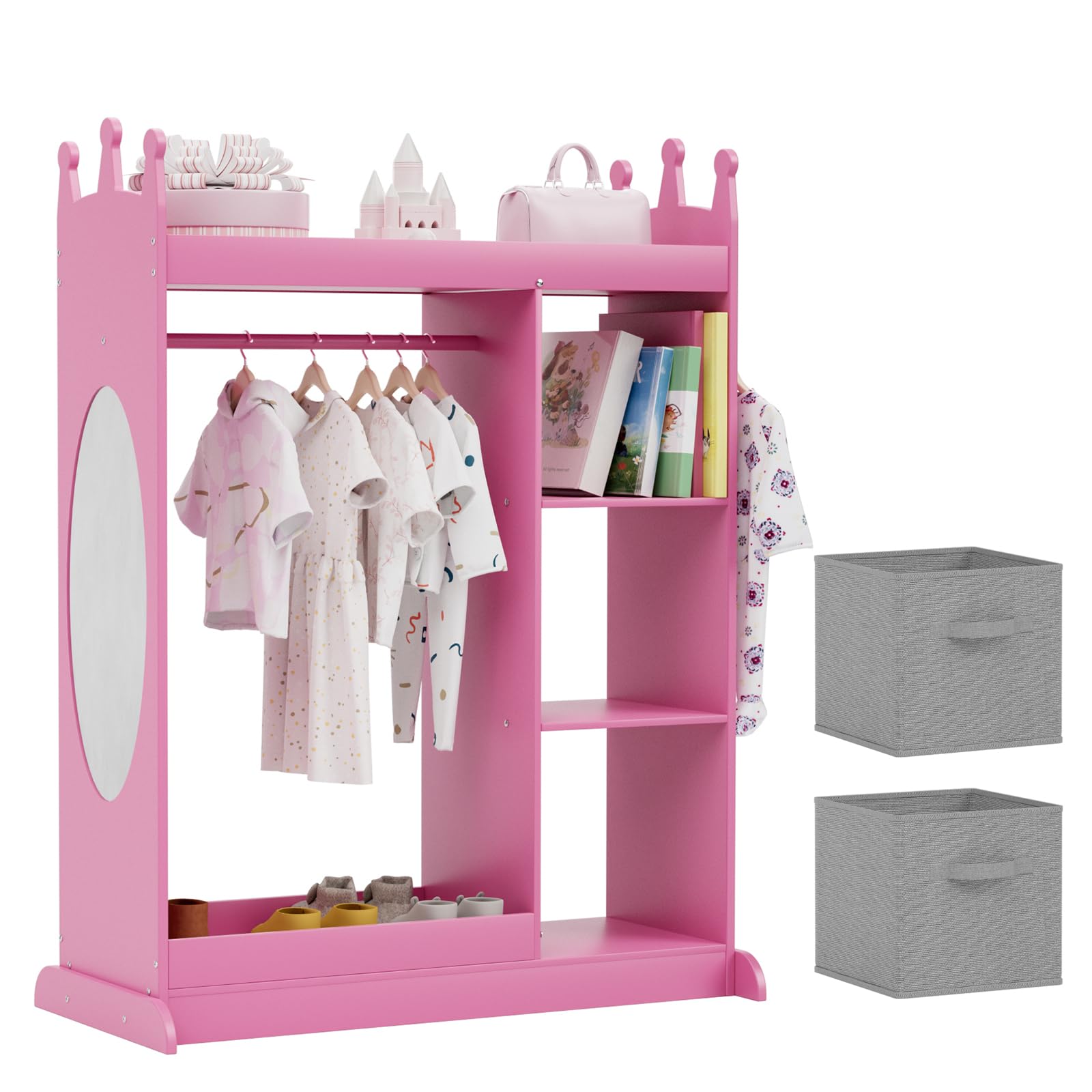 Glaf Kids Dress Up Storage with Mirror, Kids Armoire Wardrobe with 2 Storage Bin and 3 Hooks, Open Hanging Kids Closet for Girls Boys for Dress Up and Costumes (Pink)