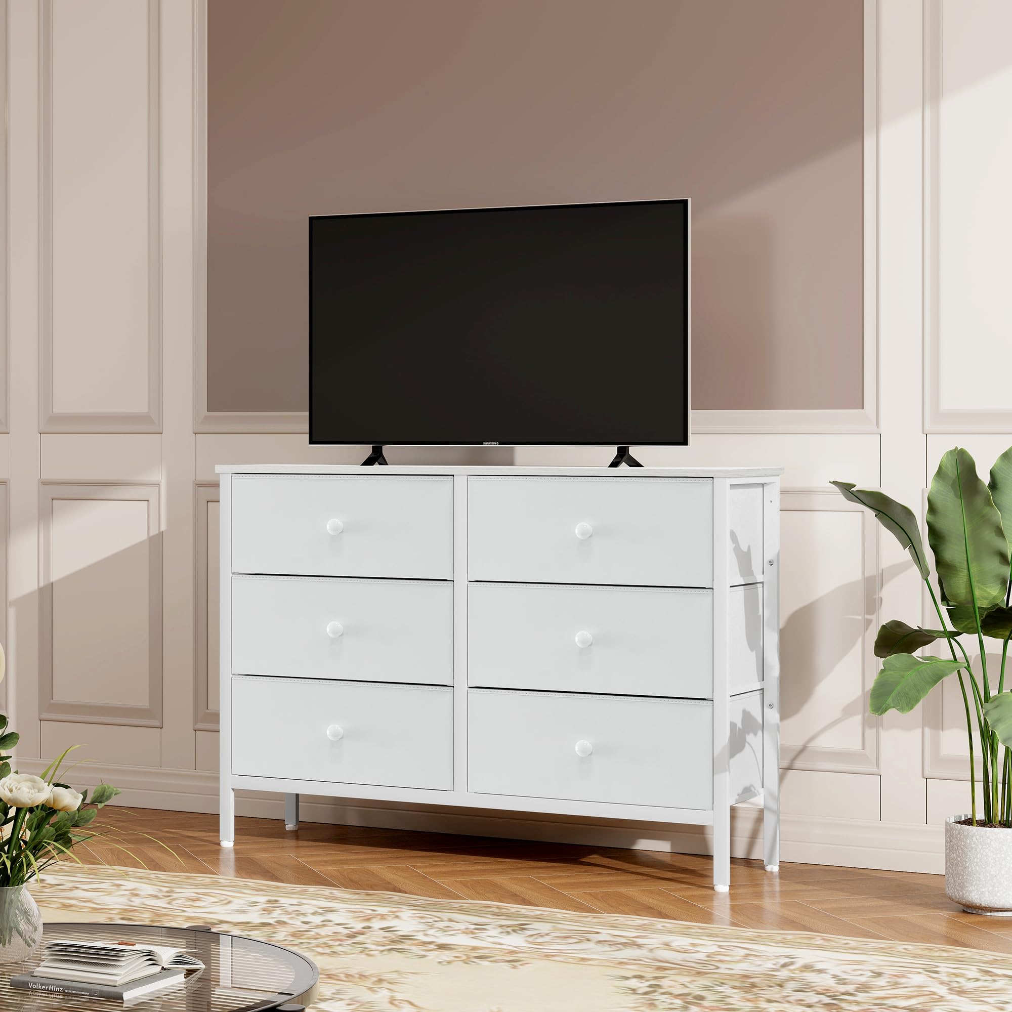 LYNCOHOME White Dresser for Bedroom, 6 Drawer Wooden Dresse, Small Dresser for Bedroom and 50" Tv, Entertainment Center with Metal Frame, Wooden Top,Dressers for Kids, Fabric Dressers for Nursery