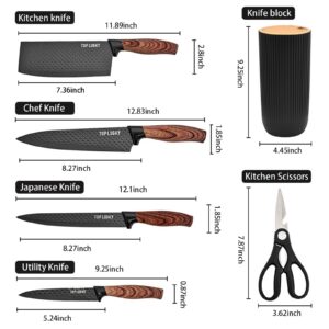 Kitchen Block Knife Sets, 6-Pieces Black Chef Knife Set with Removable Round Block, Non-stick & Non-slip Stainless Steel Sharp Knife Set for Restaurant Home Cooking, Gifts for Mom Wife Girl (Black)