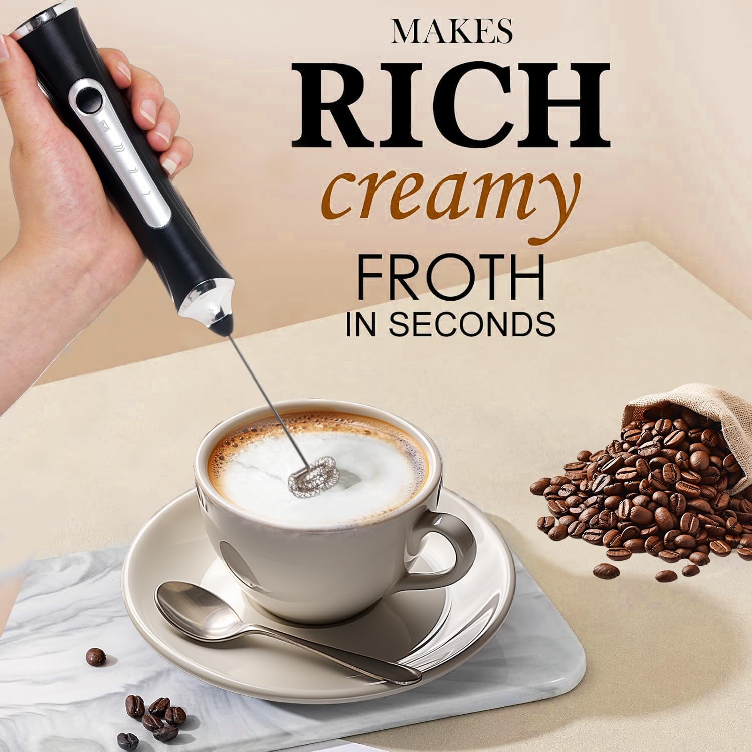 Rechargeable Milk Frother Handheld For Coffee,3 Speeds Frother Wand With Stand, Batidora De Mano Electrica,Coffee Frother With 2 Heads,Drink Mixer Electric Handheld,Kitchen Essentials(Black)