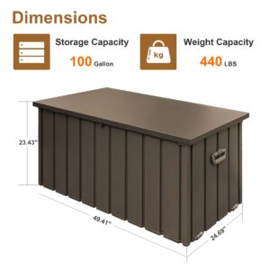 SHPAI 100 Gallon Deck Box with Indoor and Outdoor Use, Lockable Storage Container with Galvanized Steel, Waterproof Outdoor Cabinet for Pillows, Cushions, Pool Toys, Patio Furniture, Dark Brown