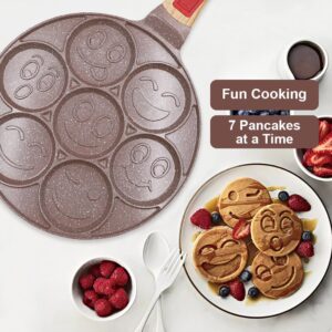 RANXINGST Ceramic Pancake Pan for Kids, Nonstick Pancake Griddle with Detachable Handle, 7 Hole Smiley Face Pancake Mold Mini Pancake Maker - Brown