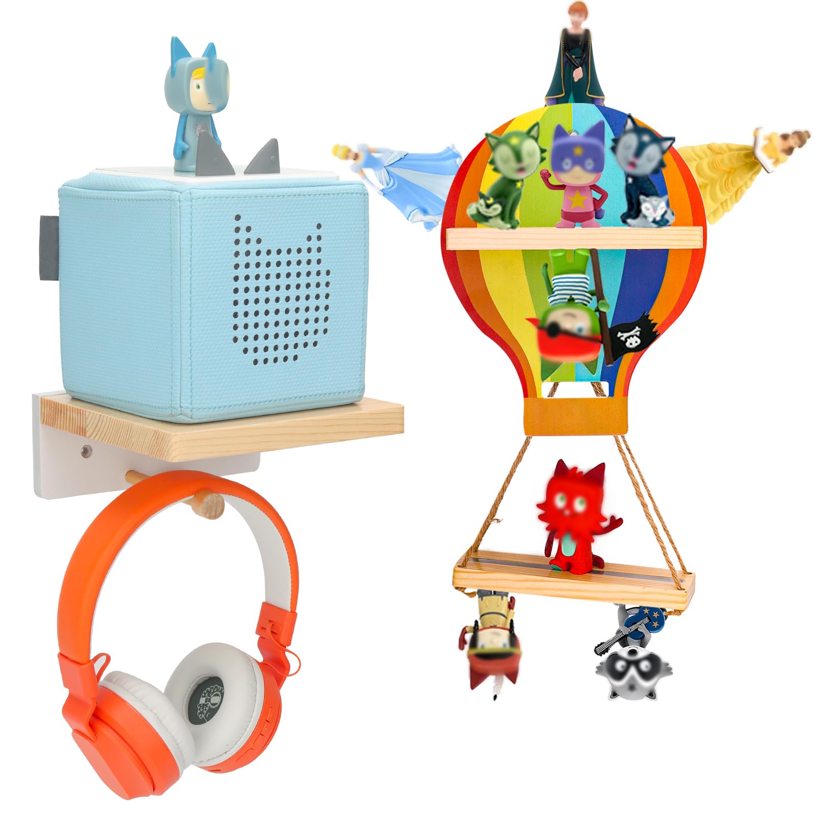 for Toniebox Tonies Shelf, Storage for Creative Tonies Magnetic Wall Shelf for Tonie Figures,8-15 Characters,Wooden Hanging Shelf for Kids (Hot air Balloon + Box Rack)