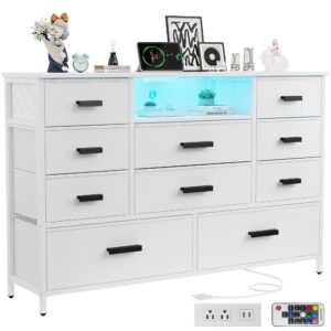 harpaq white dresser for bedroom with 10 drawers, dresser with charging station, tv stand dresser with led light for 55" tv, fabric drawer dresser with pu finish, chest dresser for bedroom, closet