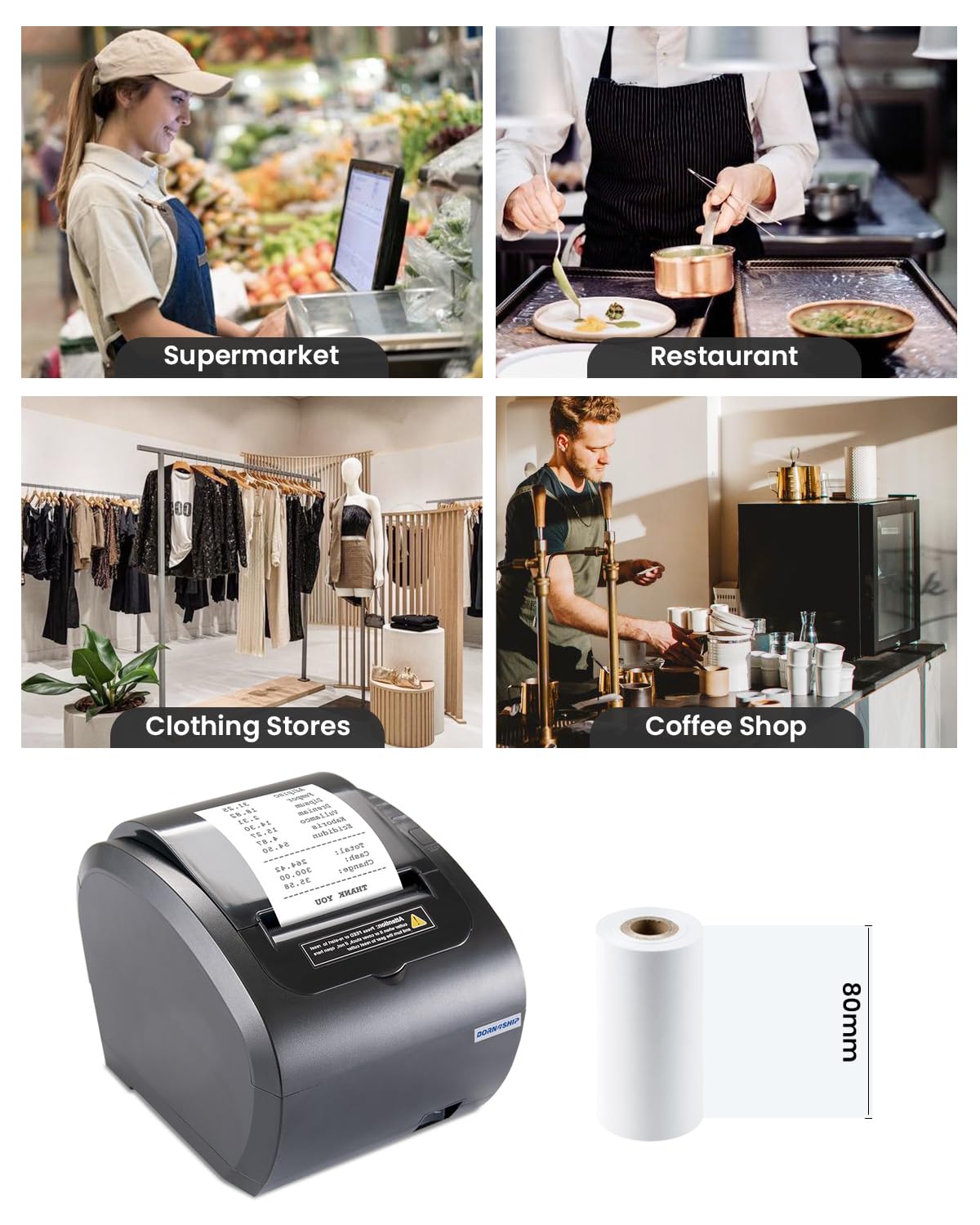 BORN4SHIP 80mm Receipt Printer - Thermal Receipt Printer Easy to Connect, Compatible with Windows/Mac/Linux, Supports USB Serial Ethernet Interface, 260mm/s Low Noise Printing, for ESC/POS (No Square)