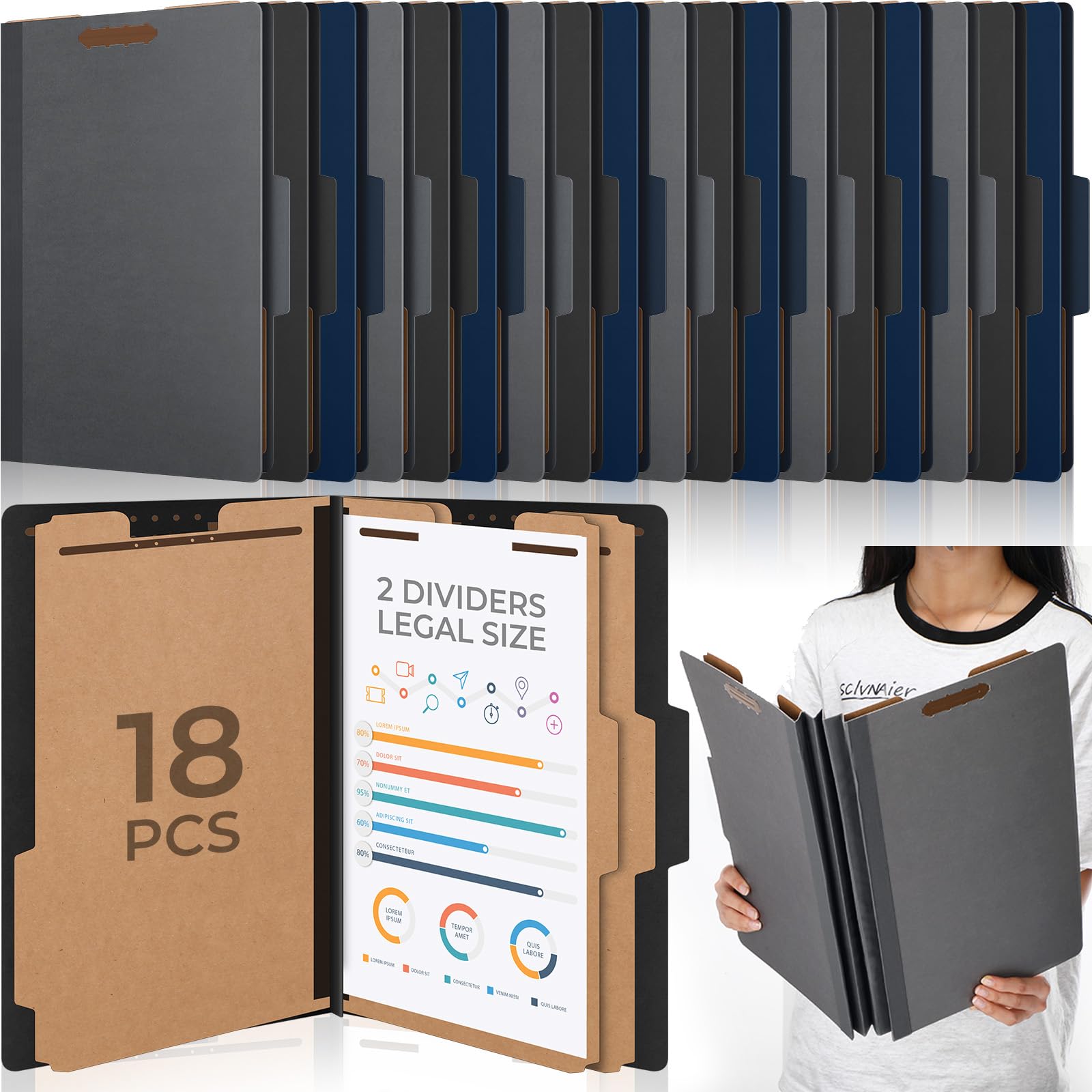 18 Pcs Legal Size Pressboard Classification Folders 2 Dividers 2 Inch Expansions File Folders with 2 Prongs Fasteners 8.5 x 14in for Office Organize Paper Files Medical Records(Black,Grey,Blue)