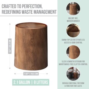 8L Trash Can with Lid - 2.1-Gallon Walnut Brown Wood Grain Bathroom Garbage Can with Swing Top Lid - Minimalist Diaper Trash Can w Removable Interior Waste Bucket - Dustbin for Office, Bedroom