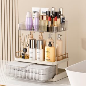 Delamu Bathroom Counter Organizer, 2 Tier Large Drawer Skincare Organizer with Compartment, Multi-purpose Makeup Organizer Countertop Exquisite, Clear