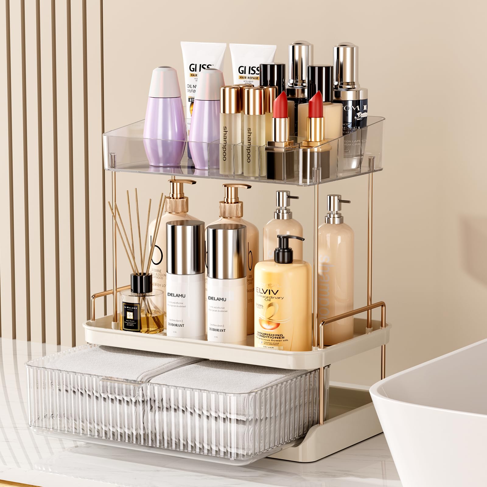 Delamu Bathroom Counter Organizer, 2 Tier Large Drawer Skincare Organizer with Compartment, Multi-purpose Makeup Organizer Countertop Exquisite, Clear