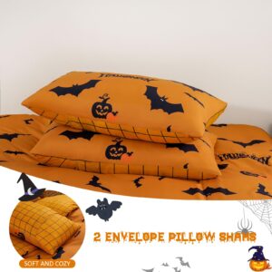 Xruibed Halloween Duvet Cover Set King Pumpkin Bat Orange Bedding Duvet Cover Set 3 Pieces Halloween Duvet Cover with 2 Pillowcases Funny Halloween Comforter Cover Set for Kids Teens 104"x90"