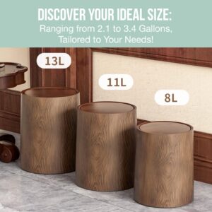 8L Trash Can with Lid - 2.1-Gallon Walnut Brown Wood Grain Bathroom Garbage Can with Swing Top Lid - Minimalist Diaper Trash Can w Removable Interior Waste Bucket - Dustbin for Office, Bedroom